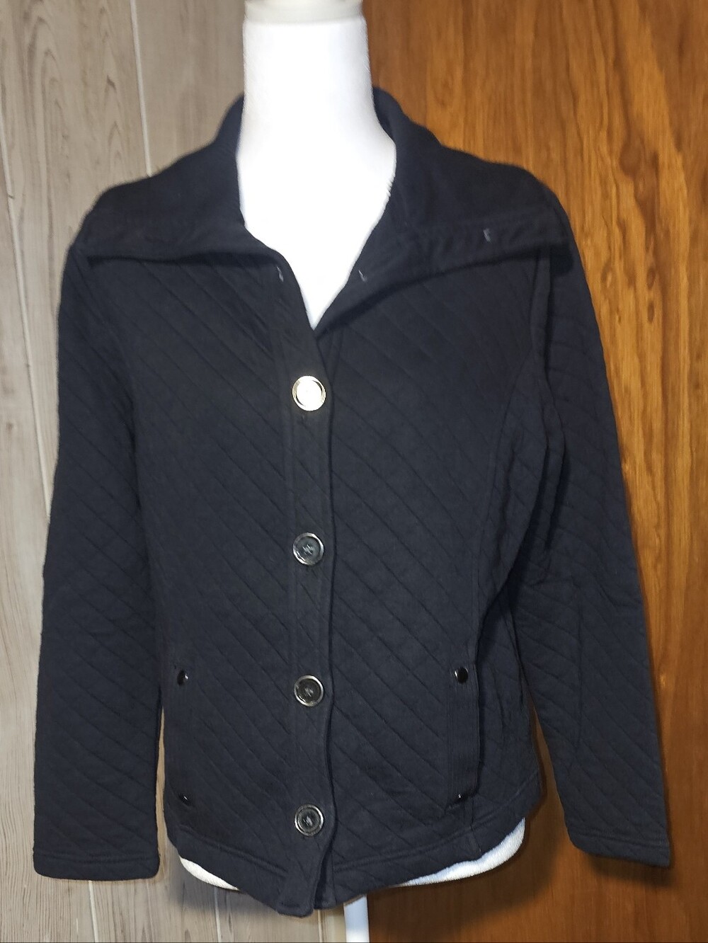 Karen Scott Black Quilted Button-Front Petite Jacket